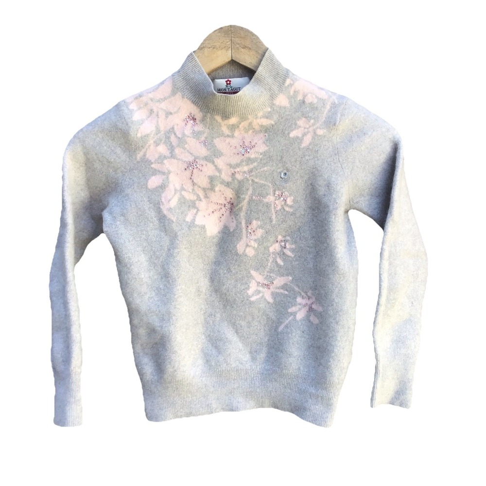 Montagut Paris Cashmere Floral Rhinestone Sweater Womens Size 105 Vintage